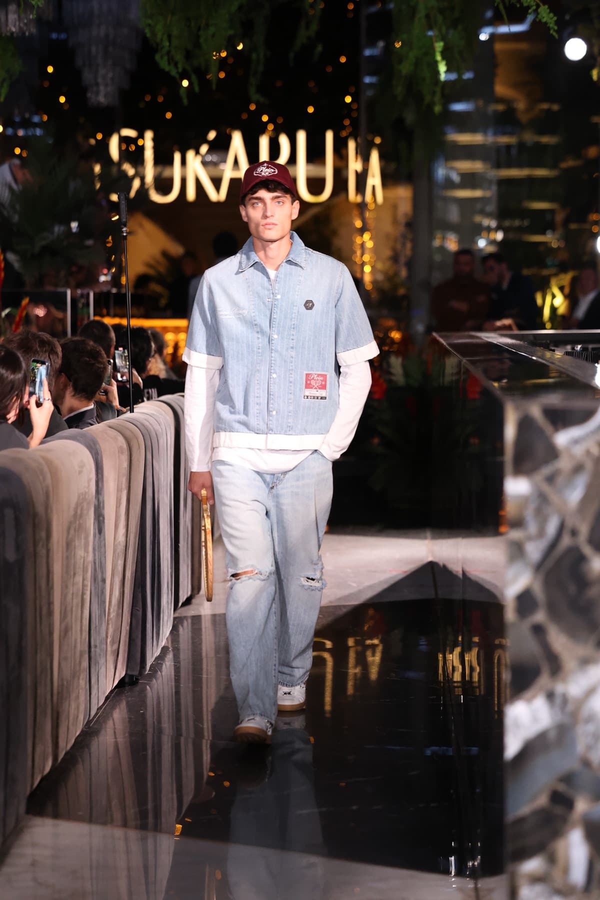 Double layered denim look with a logo cap, menswear