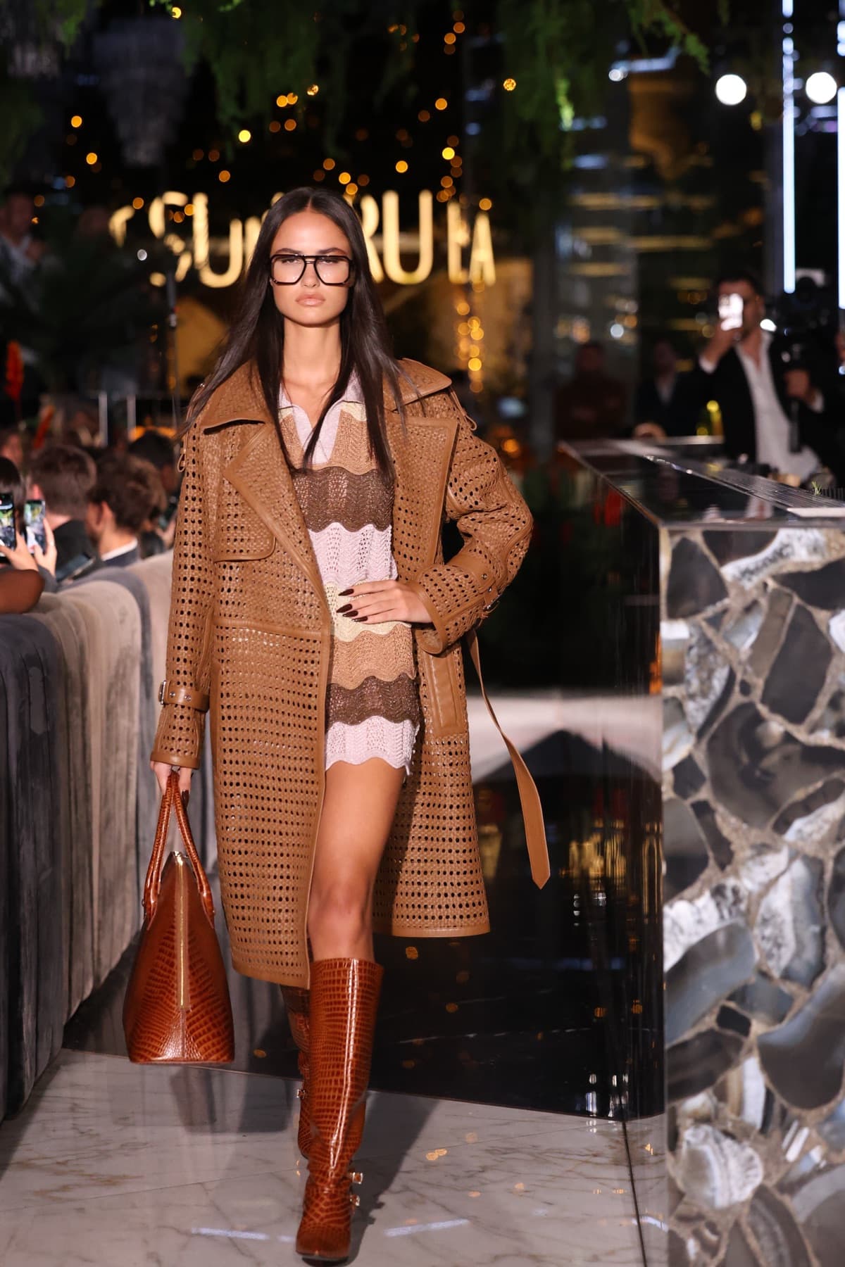 Camel coat and boots, full length walk